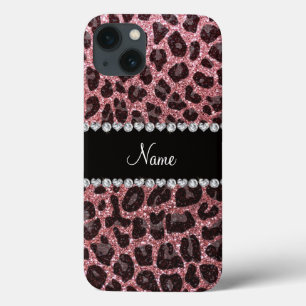 Aangepaste naam lichtroze glitter leopard print iPhone 13 hoesje