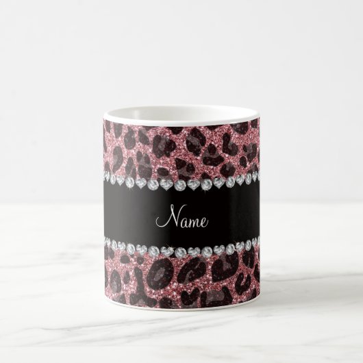 Aangepaste naam lichtroze glitter leopard print koffiemok (Center)