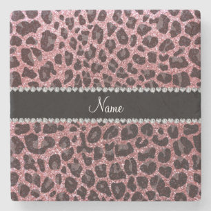 Aangepaste naam lichtroze glitter leopard print stenen onderzetter