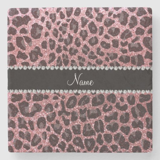Aangepaste naam lichtroze glitter leopard print stenen onderzetter (Voorkant)