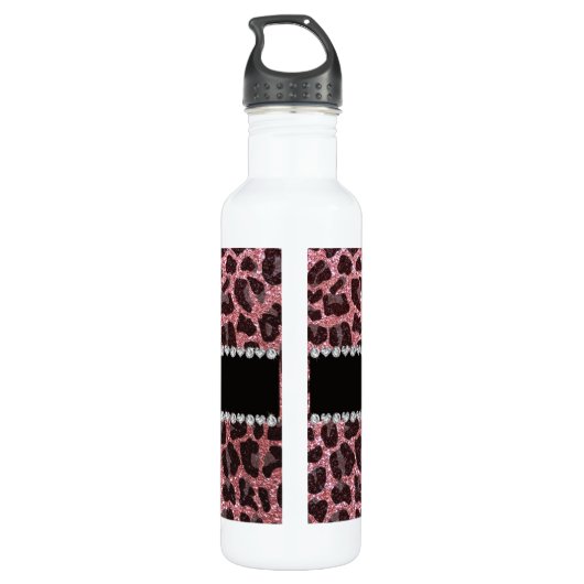 Aangepaste naam lichtroze glitter leopard print waterfles  (Achterkant)