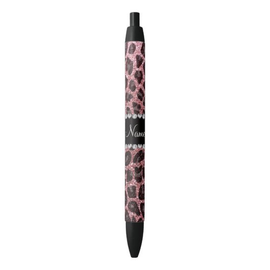 Aangepaste naam lichtroze glitter leopard print zwarte inkt pen (Voorkant Verticaal)