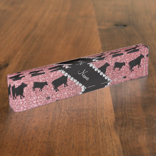 Aangepaste naam lichtroze glitterkoeien naambordje (Zijkant)