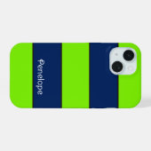 Aangepaste naam Lime Green Donkerblauwe strepen iPhone 15 Case (Achterkant horizontaal)