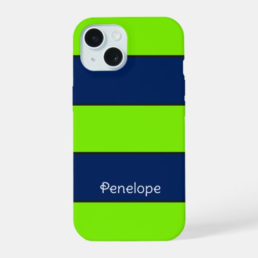 Aangepaste naam Lime Green Donkerblauwe strepen iPhone 15 Case (Achterkant)