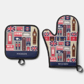 Aangepaste naam London UK Icons Ovenwant & Pannenlap Set (Voorkant)