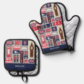 Aangepaste naam London UK Icons Ovenwant & Pannenlap Set (Voorkant / Achterkant)