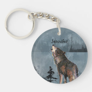 Aangepaste naam Lonely Wolf Howling over Lake Keyc Sleutelhanger