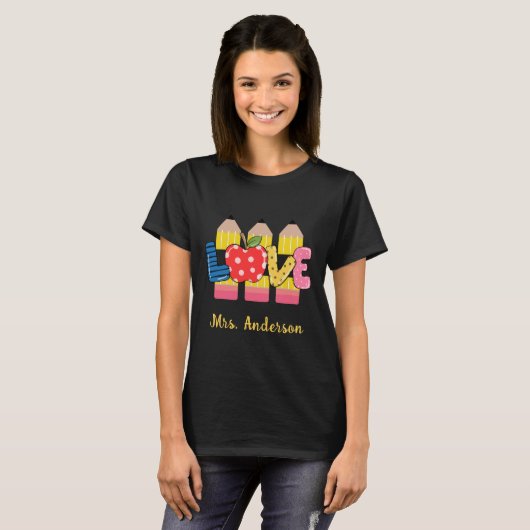 Aangepaste naam Love Pencil PreSchool Teacher T-shirt (Voorkant volledig)