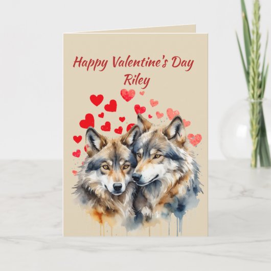 Aangepaste naam Love Schattige Wolf Animal Hearts Feestdagen Kaart (Voorkant)
