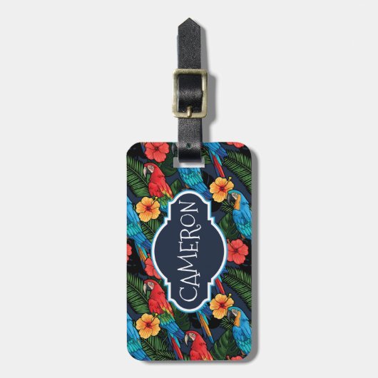 Aangepaste naam Macaw en Hibiscus Pattern Bagagelabel (Voorkant verticaal)