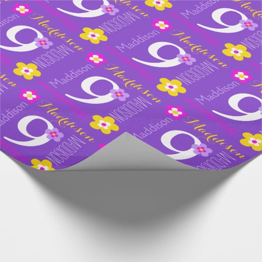 Aangepaste naam Maddison 9e verjaardag Cadeaupapier (Hoek)