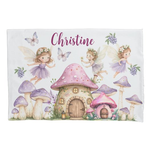 Aangepaste Naam Magic Fairies Roze Paddenstoelen Kussensloop (Voorkant)
