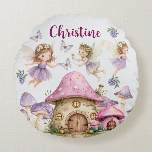 Aangepaste Naam Magic Fairies Roze Paddenstoelen Rond Kussen (Voorkant)