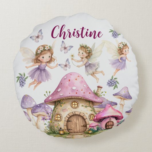 Aangepaste Naam Magic Fairies Roze Paddenstoelen Rond Kussen (Achterkant)
