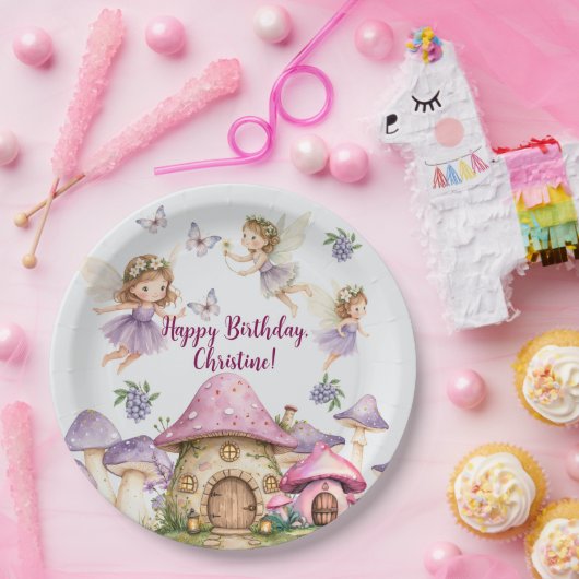 Aangepaste Naam Magic Fairies Roze Paddenstoelen V Papieren Bordje (Feest)