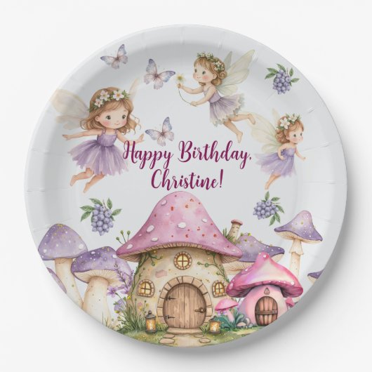 Aangepaste Naam Magic Fairies Roze Paddenstoelen V Papieren Bordje (Voorkant)