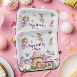 Aangepaste Naam Magic Fairies Roze Paddenstoelen V Papieren Bordje