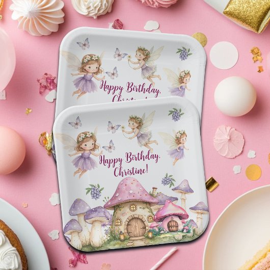 Aangepaste Naam Magic Fairies Roze Paddenstoelen V Papieren Bordje