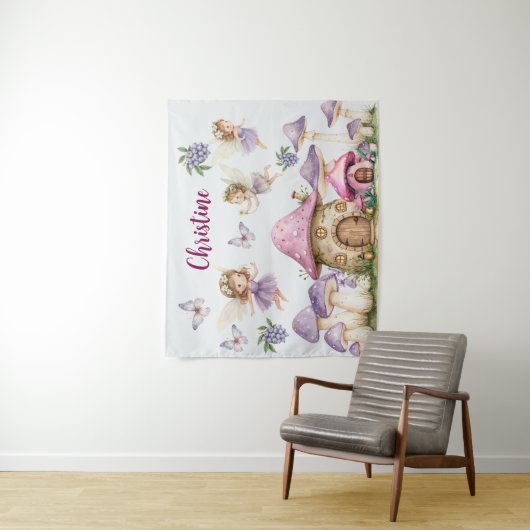 Aangepaste Naam Magic Fairies Roze Paddenstoelen Wandkleed (In situ)
