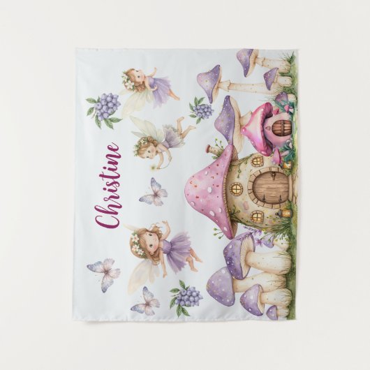 Aangepaste Naam Magic Fairies Roze Paddenstoelen Wandkleed (Voorkant)