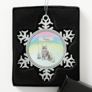 Aangepaste naam Maine Coon Kat Huisdier Tin Sneeuwvlok Ornament