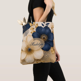 Aangepaste naam marineblauw en goud botanische blo tote bag