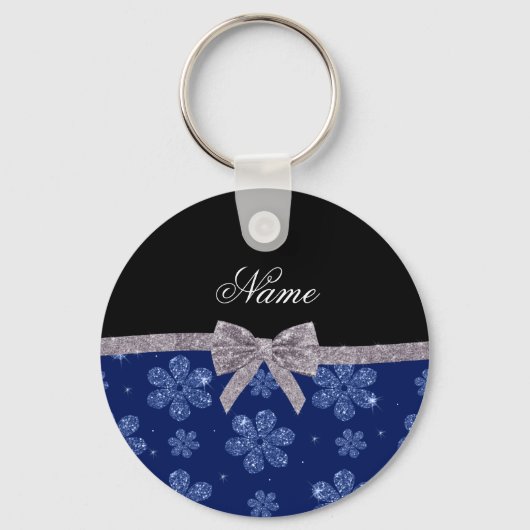 Aangepaste naam marineblauw glitterbloem zilverbok sleutelhanger (Voorkant)