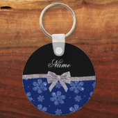 Aangepaste naam marineblauw glitterbloem zilverbok sleutelhanger (Voorkant)