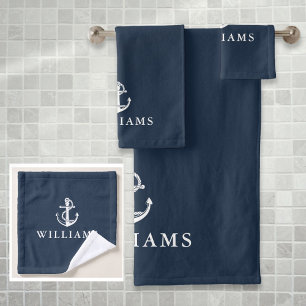 Aangepaste naam marineblauwe scheepsanker bad handdoek