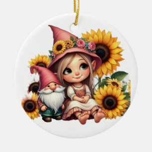 Aangepaste naam meisje gnome zonnebloemen keramisch ornament