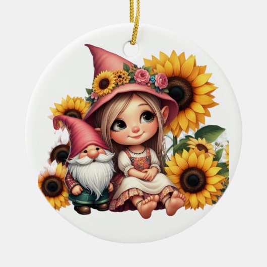 Aangepaste naam meisje gnome zonnebloemen keramisch ornament (Voorkant)