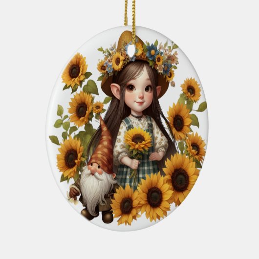 Aangepaste naam meisje gnome zonnebloemen keramisch ornament (Rechts)