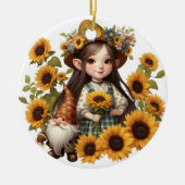 Aangepaste naam meisje gnome zonnebloemen keramisch ornament (Voorkant)