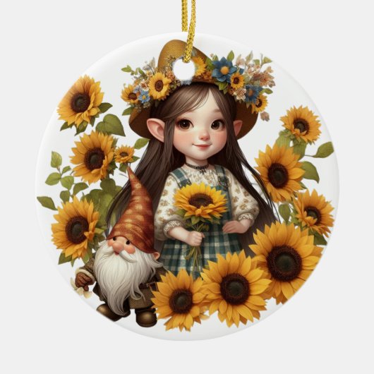 Aangepaste naam meisje gnome zonnebloemen keramisch ornament (Voorkant)