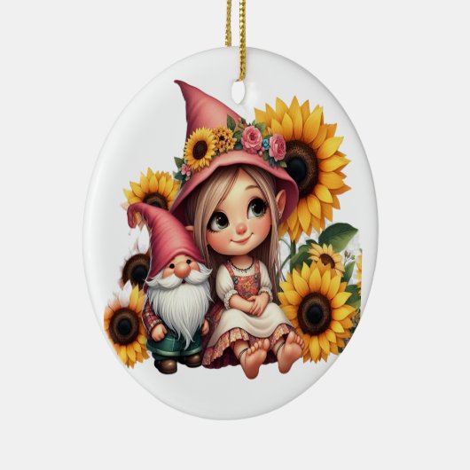 Aangepaste naam meisje gnome zonnebloemen keramisch ornament (Rechts)