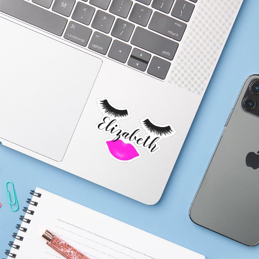 Aangepaste naam meisje Lips en sla roze Sticker (Laptop met iPhone)