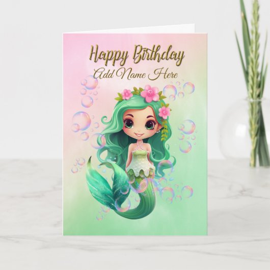 Aangepaste Naam Meisje Zeemeermin Verjaardag Kaart (Voorkant)