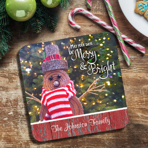 Aangepaste naam Merry and Bright Cute Rustic Snowm Bier Onderzetter