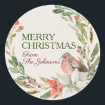 Aangepaste naam Merry Christmas Waterverf Vogelkra Ronde Sticker<br><div class="desc">Mooie waterverf ivoren textuur basis met een waterverf krans van greens,  twijgen,  diepe bessen,  en rode en witte poinsettias,  met een kostbare vliegende vriend gedrukt op de bloemstelen. Beide tekstgebieden zijn aanpasbaar. eerst zegt vrolijk kerstfeest,  verzenden bevat een script lettertype voor plaatsing van jouw namen</div>
