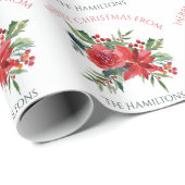Aangepaste naam Merry Kerstrode Poinsettia Floral Cadeaupapier (Rol Hoek)