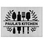 Aangepaste naam met keukengerei grafisch ontwerp snijplank (Voorkant)