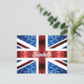 Aangepaste naam met UK rode blauwe glitters Briefkaart (Staand voorkant)