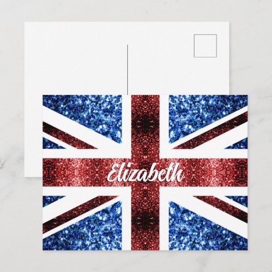 Aangepaste naam met UK rode blauwe glitters Briefkaart (Voorkant / Achterkant)