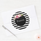 Aangepaste naam met zwarte & witte strepen en bloe ronde sticker (Envelop)