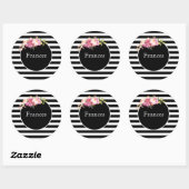 Aangepaste naam met zwarte & witte strepen en bloe ronde sticker (Vel)