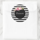 Aangepaste naam met zwarte & witte strepen en bloe ronde sticker (Tas)