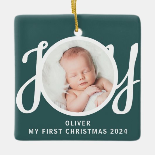 Aangepaste naam Mijn eerste kerstfoto Groen Keramisch Ornament (Voorkant)