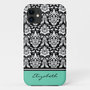 Aangepaste naam: Mint Black White Damask Case-Mate iPhone Case
