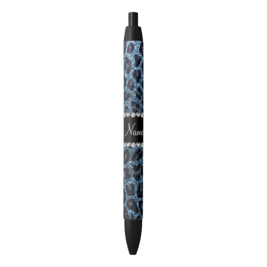 Aangepaste naam mistblauw glitter leopard print zwarte inkt pen (Voorkant Verticaal)